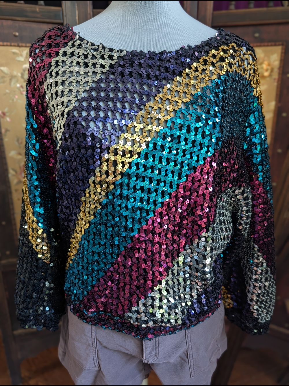 Vintage Three Flaggs Multicolor Sequin Striped Top